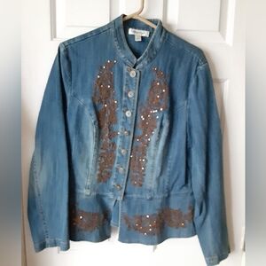 Coldwater Creek Size L Denim Jacket with Brown Sequins